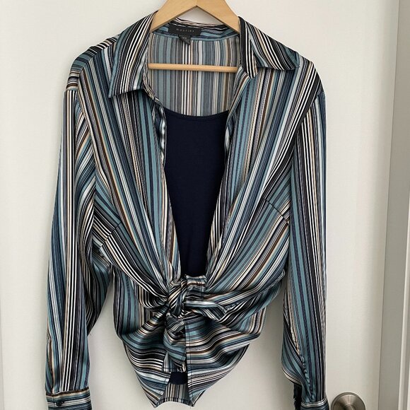Striped Long Sleeve Button Front Blouse Mantles Blue Green… - Picture 2 of 5